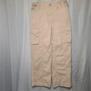 SO Cargo Wide Leg Pants Womens Medium Tan High Rise 100% Cotton Side Cinch Waist